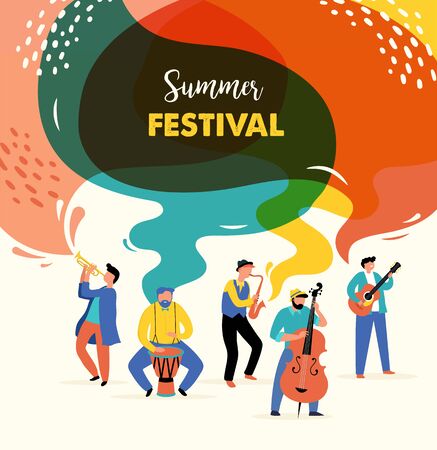 Summer fest, concept of live music festival, jazz and rock, food street fair, event poster and banner colorful vector designのイラスト素材