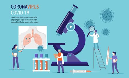 Coronavirus 2019-nCoV scene - research and development of medication. Group of scientists, doctors working in laboratory. Vector illustrationのイラスト素材