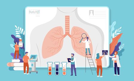 Research scientist. Science laboratory, chemistry scientists and clinical lab. Medical research items, clinical science laboratories experiments. Lungs, internal organ inspection, concept vector illustrationのイラスト素材