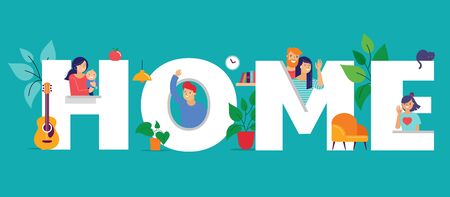 Stay at home, concept design. Different types of people look out and communicate with their neighbors during COVID-19 outbreak. Self isolation, quarantine during coronavirus pandemic. Vector flat style illustrationのイラスト素材