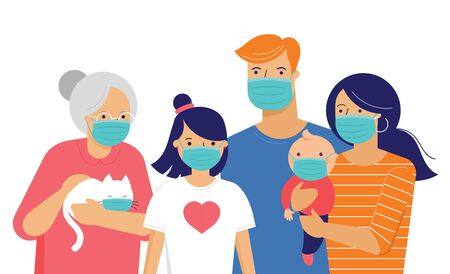 Family, mother, father, baby and a girl wearing medical masks during Coronavirus outbreak. Covid-19 concept. Self isolation, quarantine. Vector flat style illustrationのイラスト素材