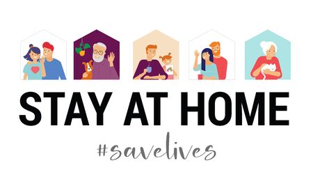 Stay at home, concept design. Different types of people, family, neighbors in their own houses. Self isolation, quarantine during the coronavirus outbreak. Vector flat style illustration stock illustrationのイラスト素材
