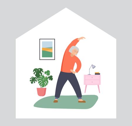 Elderly, old people, senior people at home working out. Vector illustration, cartoon set - the 2020 coronavirus seriesのイラスト素材