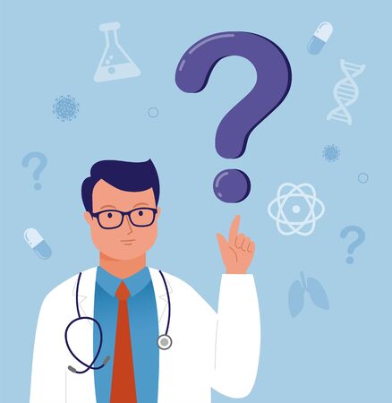 Ask the doctor. Doctor, medical professional is standing in front a question mark. Simply add the text. Vector illustration templateのイラスト素材