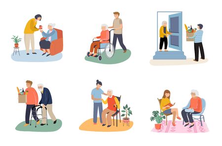 Volunteers during the COVID-19 pandemic series - young people taking care of senior people. Helping with household chores, walking, reading books, bringing the grocery, pushing the wheelchair.のイラスト素材