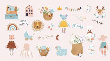 Trendy baby and children illustrations, stickers, tattoos. Vintage style. illustrationsのイラスト素材