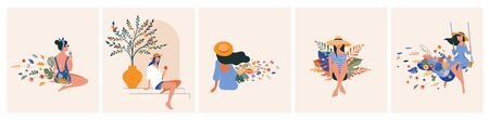 Vacation mood, feminine concept illustration, beautiful women in different situations, on the beach, sitting near the pool, reading books.のイラスト素材