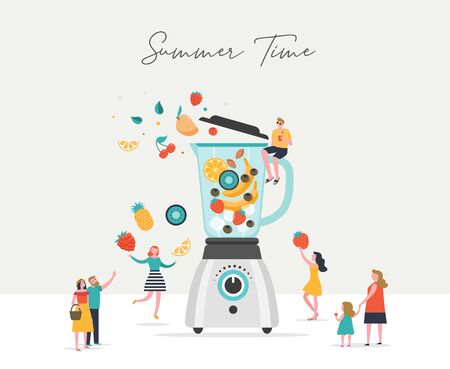 Summer scene, group of people having fun around a huge blender, surfing, swimming in the pool, drinking cold beverage, playing on the beachのイラスト素材