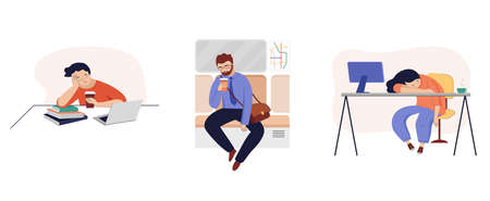 Set of tired, sleepy people, office workers, tired mother with postnatal depression, student, sleepy...