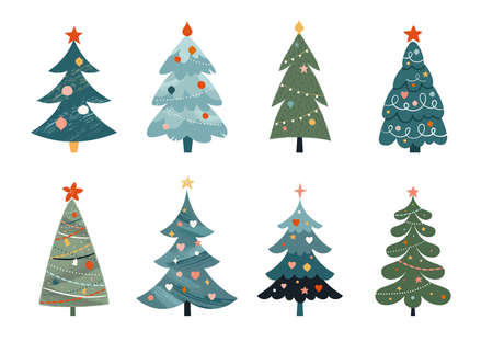 Christmas trees collection, modern flat design. Stickers, elements, Merry Xmas posters, icons. Vector illustrationのイラスト素材