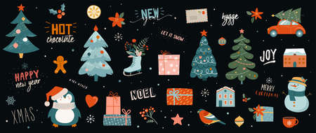 Collection of Christmas decorations, holiday gifts, winter knitted woolen clothes, ginger bread,...