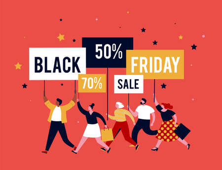 Black friday, mega sale banner, scene with a crowd, women and men running with shopping bags. Sale concept designのイラスト素材