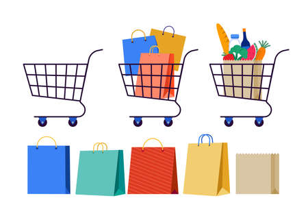 collection of shopping carts. Empty cart, with shopping bags and grocery bagのイラスト素材