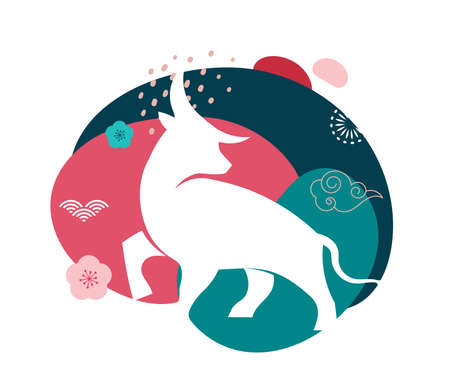 Chinese new year 2021 year of the ox, red cow, Chinese zodiac symbol. Vector background with traditional oriental decorationsのイラスト素材