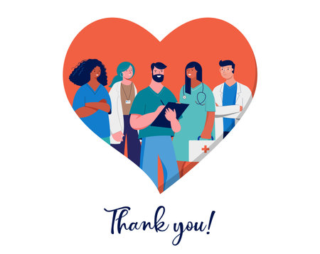 Thank you doctors and nurses concept design - group of medical professionals on a red heart backgroundのイラスト素材