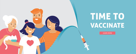 Family Vaccination concept design. Time to vaccinate banner - syringe with vaccine for COVID-19, flu or influenza and a familyのイラスト素材