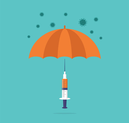 Vaccination concept design. Time to vaccinate banner. Umbrella-shaped syringe with vaccine for COVID-19, flu or influenzaのイラスト素材