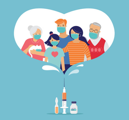 Family Vaccination concept design. Time to vaccinate banner - syringe with vaccine for COVID-19, flu or influenza and a familyのイラスト素材