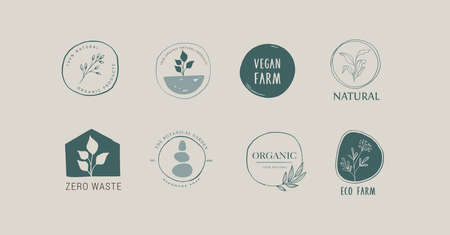 Collection of delicate hand drawn logos and icons of organic food, farm fresh and natural products,...