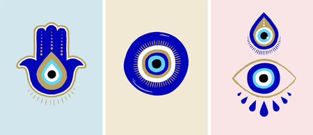 Evil eye or Turkish eye symbols and icons set. Modern amulet design and home decor ideaのイラスト素材