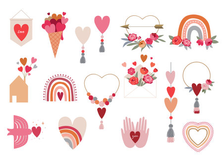 Valentines day collection of illustrations. Set of modern flat love icons and symbols, hearts, rainbows, decorationsのイラスト素材