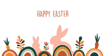 Boho Easter concept design, bunnies, eggs, flowers and rainbows in pastel and terracotta colors, flat vector illustrationsのイラスト素材