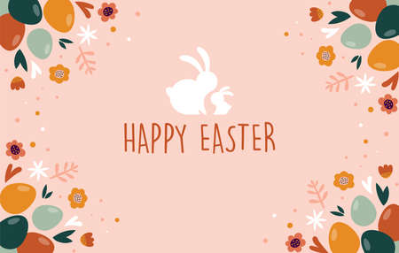 Boho Easter concept design, bunnies, eggs, flowers and rainbows in pastel and terracotta colors,...