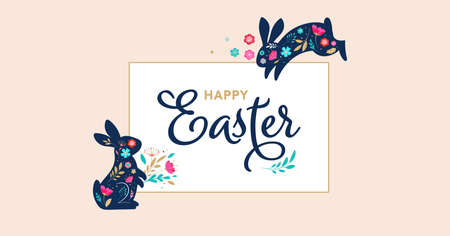 Happy Easter, decorated easter card, banner. Bunnies, Easter eggs, flowers and basket. Folk style...
