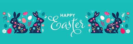 Happy Easter, bunnies, flowers and eggs. Folk style design