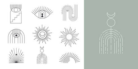 Bohemian linear logos, icons and symbols, sun design templates, geometric abstract design elements for decoration.のイラスト素材