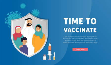 Muslim Family Vaccination concept design. Time to vaccinate banner - syringe with vaccine for , flu or influenza and a familyのイラスト素材