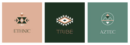 Tribal, ethnic logo design set, Aztec Mexican, African symbols, iconsのイラスト素材