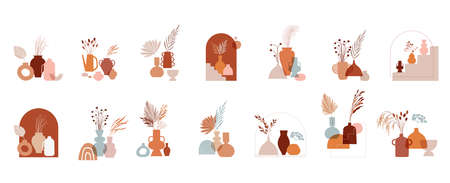 Abstract bohemian art aesthetic design. Arrangements of pottery and ceramic pots, vases with dry leafs, plants, flowers.のイラスト素材