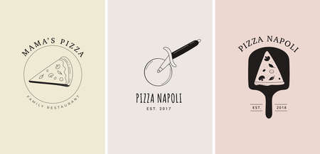 Set of trendy hand drawn Italian pizza logos, elements, illustrations. Arisan pizza concept designのイラスト素材
