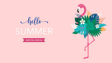 Summer background and concept design, Pink flamingo with jungle exotic leaves and parrot. Hello summer background and bannerのイラスト素材