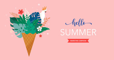 Summer scene with ice cream cone filled with jungle exotic leaves and parrot. Hello summer concept...