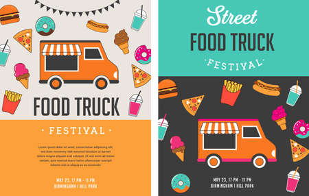Food truck fair, Night market, Summer fest, food and music street fair, family festival poster and bannerのイラスト素材