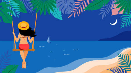 Summer scene, young woman sitting on swing on the beach, looking at the sea. Hello summer background...