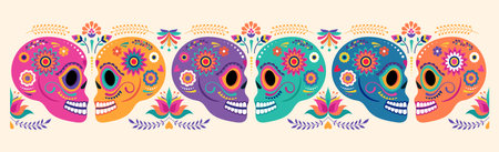 Day of the dead, Dia de los muertos, banner with colorful Mexican flowers. Fiesta, Halloween holiday poster, party flyer, funny greeting cardのイラスト素材