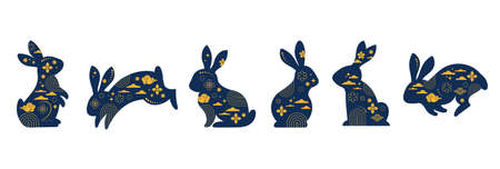 Mid Autumn Festival. Chuseok, Chinese wording translation - Mid Autumn. Mooncake, bunnies, rabbits and moon, background and posterのイラスト素材