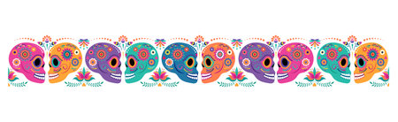 Day of the dead, Dia de los muertos, banner with colorful Mexican flowers. Fiesta, Halloween holiday poster, party flyer, funny greeting cardのイラスト素材