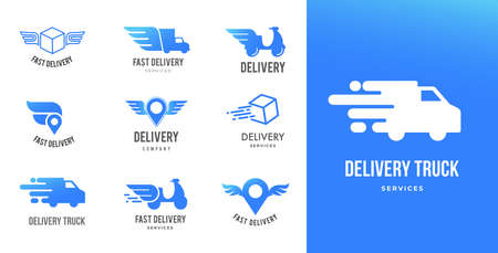Blue delivery collection, set of emblems, symbols and icons. Fast delivery concept designのイラスト素材