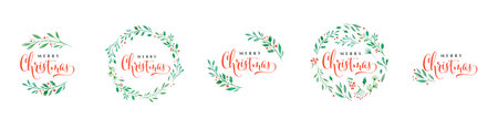 Merry Christmas background. Collection of Vector watercolor lettering design with elegant wreath illustrationのイラスト素材
