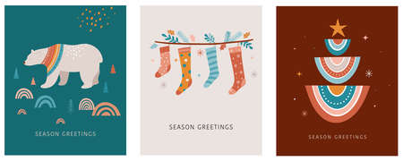 Merry Christmas Boho, Bohemian collection. Vector trendy Xmas design and illustration. Rainbows, decorations and Nordic winter elementsのイラスト素材
