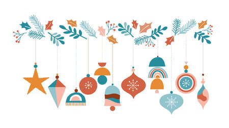 Merry Christmas Boho, Bohemian collection. Vector trendy Xmas design and illustration. Rainbows, decorations and Nordic winter elementsのイラスト素材