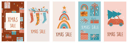 Merry Christmas Boho, Bohemian collection. Vector trendy Xmas design and illustration. Rainbows, decorations and Nordic winter elementsのイラスト素材