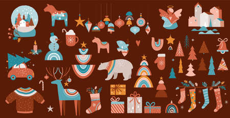 Merry Christmas Boho, Bohemian collection. Vector trendy Xmas design and illustration. Rainbows, decorations and Nordic winter elementsのイラスト素材