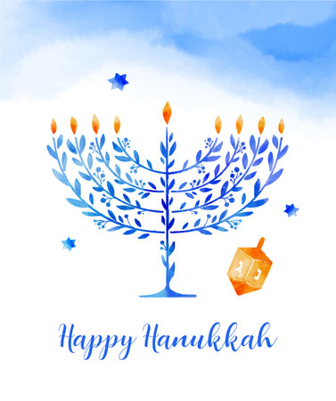 Happy Hanukkah, vector watercolor illustration, banner design. Traditional jewish holiday greeting card with menorah and dreidelsのイラスト素材