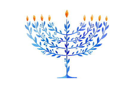 Happy Hanukkah, vector watercolor illustration, banner design. Traditional jewish holiday greeting card with menorah and dreidelsのイラスト素材