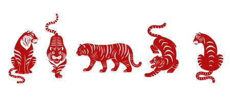Chinese new year 2022 year of the tiger - Collection of red traditional Chinese zodiac symbol, illustrations, art elements. , Lunar new year concept, modern designのイラスト素材